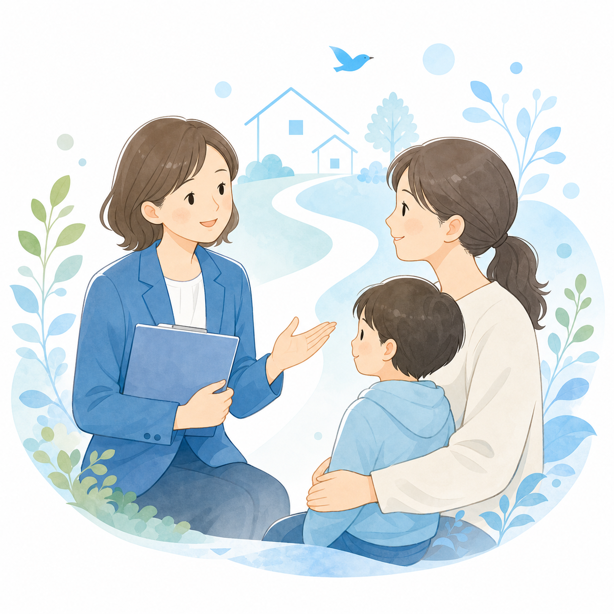 相談支援員が親子の相談を聞くイラスト